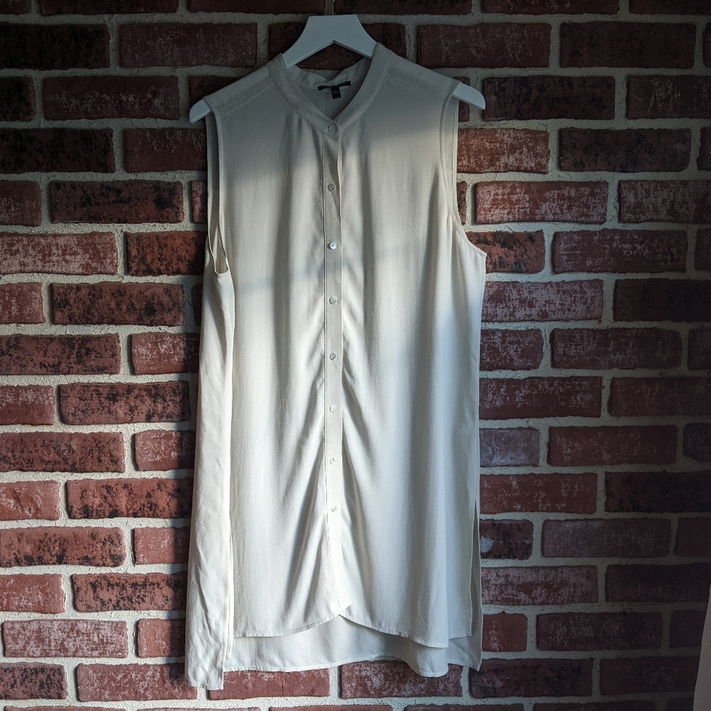 Eileen Fisher Silk Georgette Mandarin Collar Button Sleeveless Tunic Shell Bone